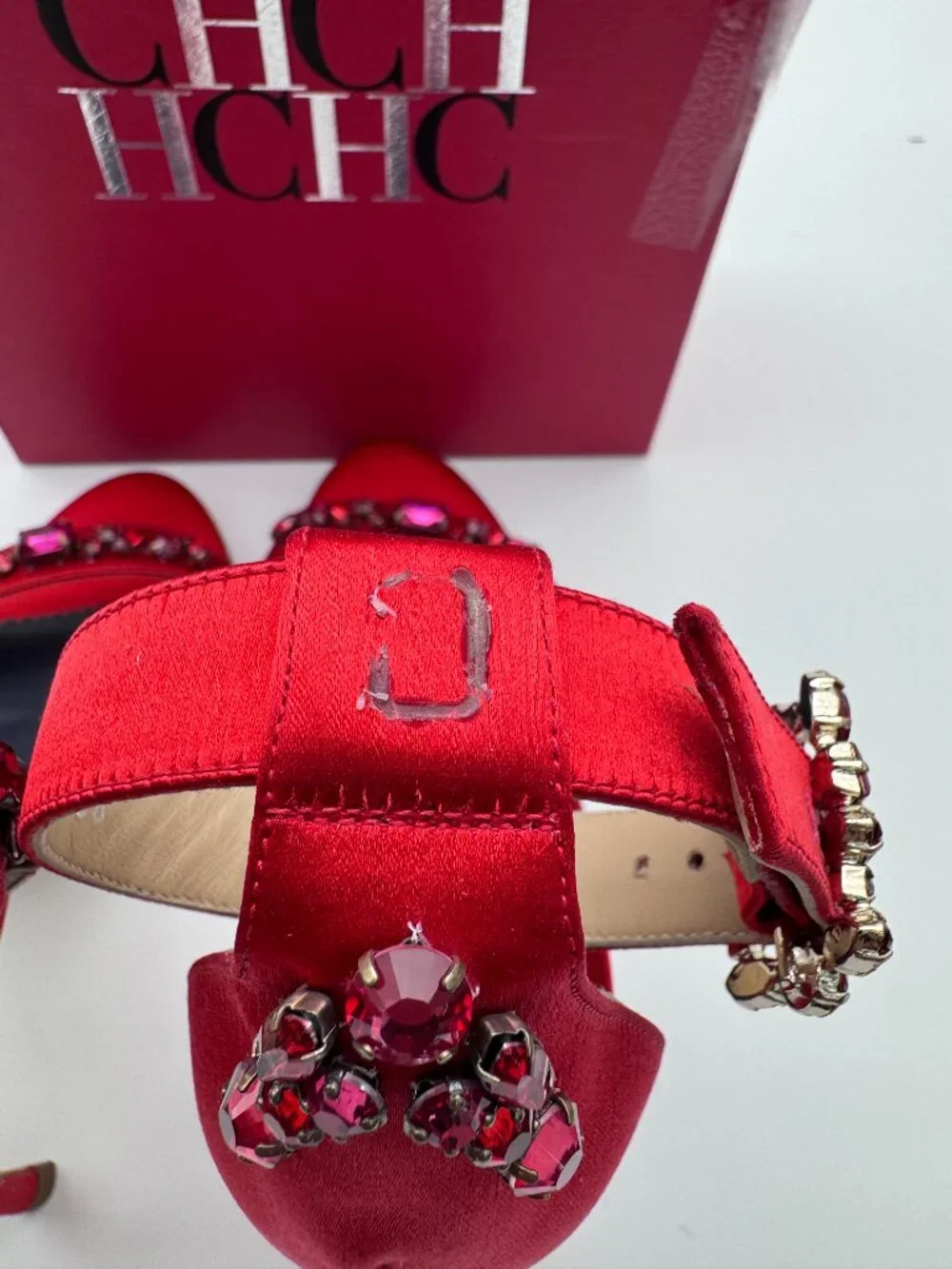 CH Carolina Herrera Red Satin Crystal Embellished Heels Size 36 Box